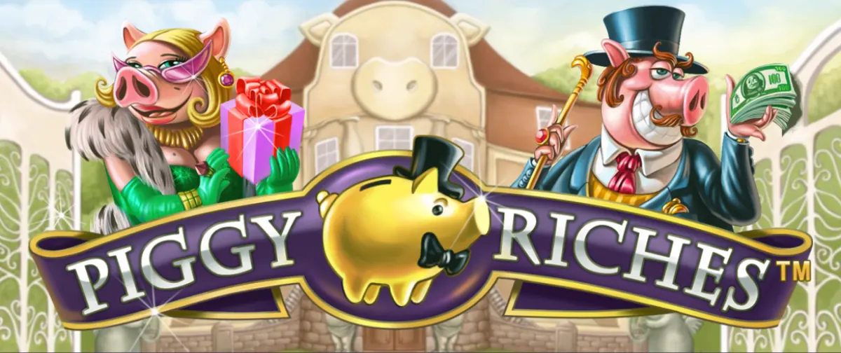 Piggy Riches slot banner showing the Piggy Riches logo with a golden pig icon, a glamorous pig lady holding a gift on the left, and a wealthy pig in a top hat holding cash and a cane on the right, set in front of a mansion backdrop.