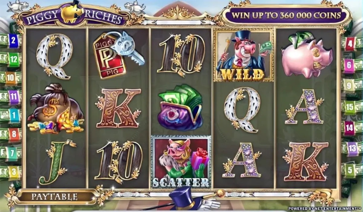 Screenshot of the Piggy Riches slot game showing five reels with ornate letters and themed symbols like a money bag, keys, piggy bank, and “WILD” and “SCATTER” pig characters, with a banner reading “Win up to 360,000 coins” across the top.