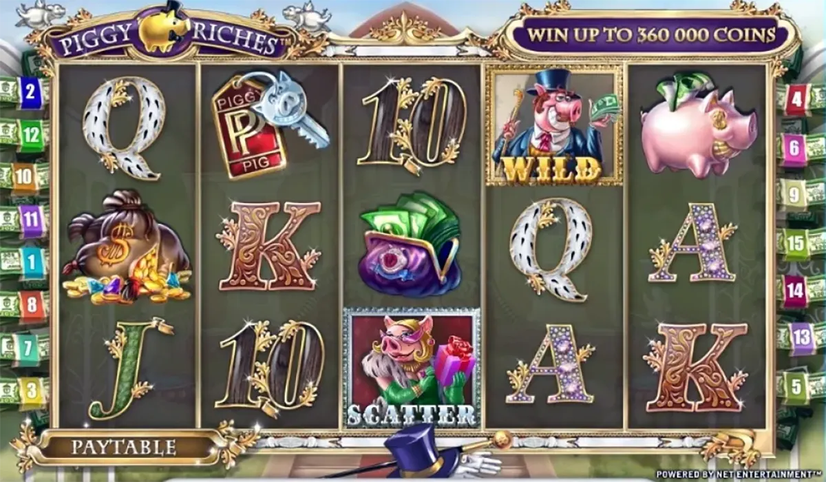 Screenshot of the Piggy Riches slot game showing five reels with ornate letters and themed symbols like a money bag, keys, piggy bank, and “WILD” and “SCATTER” pig characters, with a banner reading “Win up to 360,000 coins” across the top.